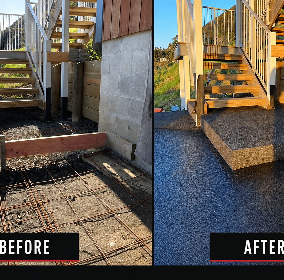 Before and after comparison of concrete steps and landing by Henwood Concrete.