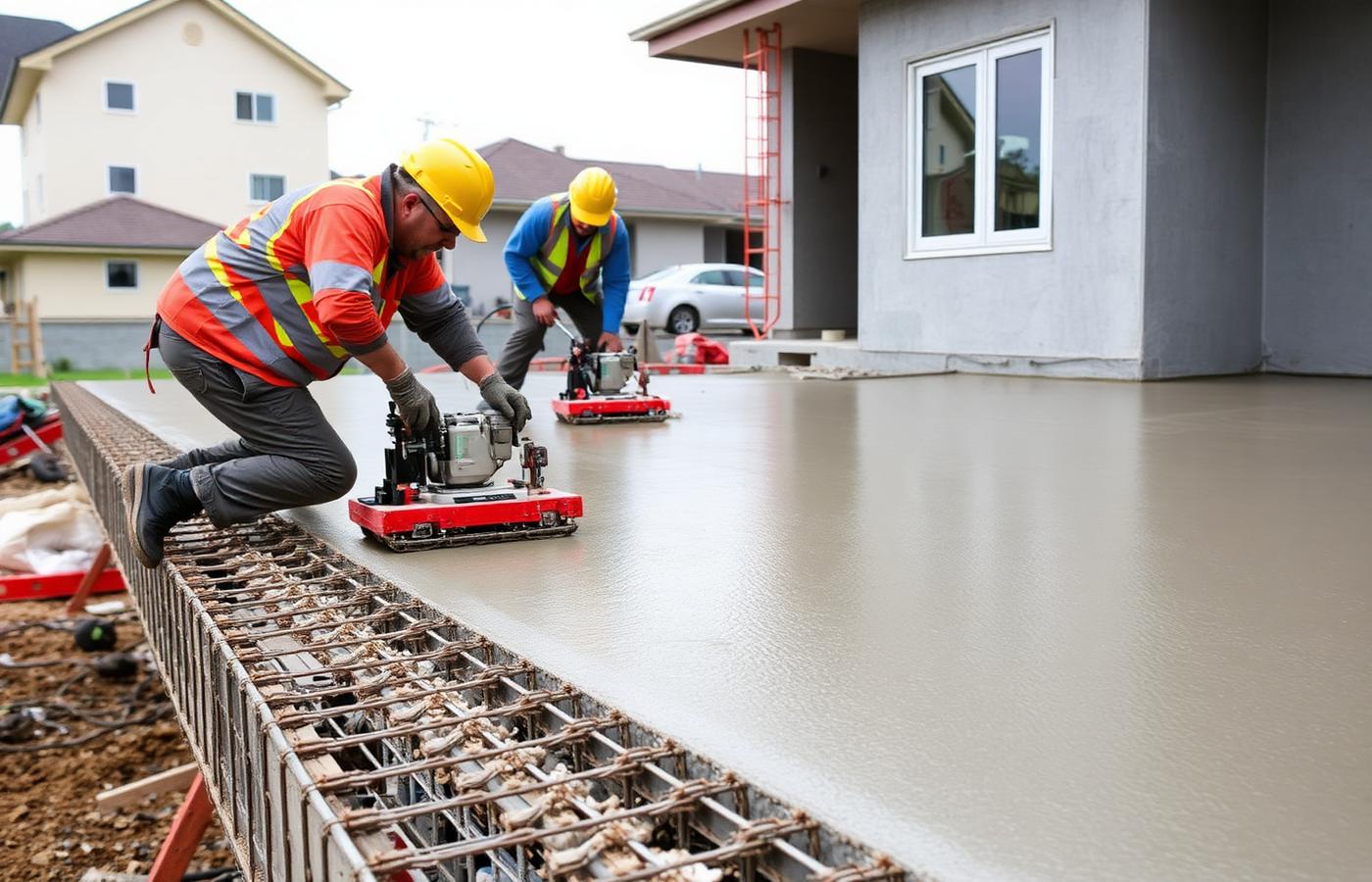 Concrete being placed and finished on a residential slab — illustrative image